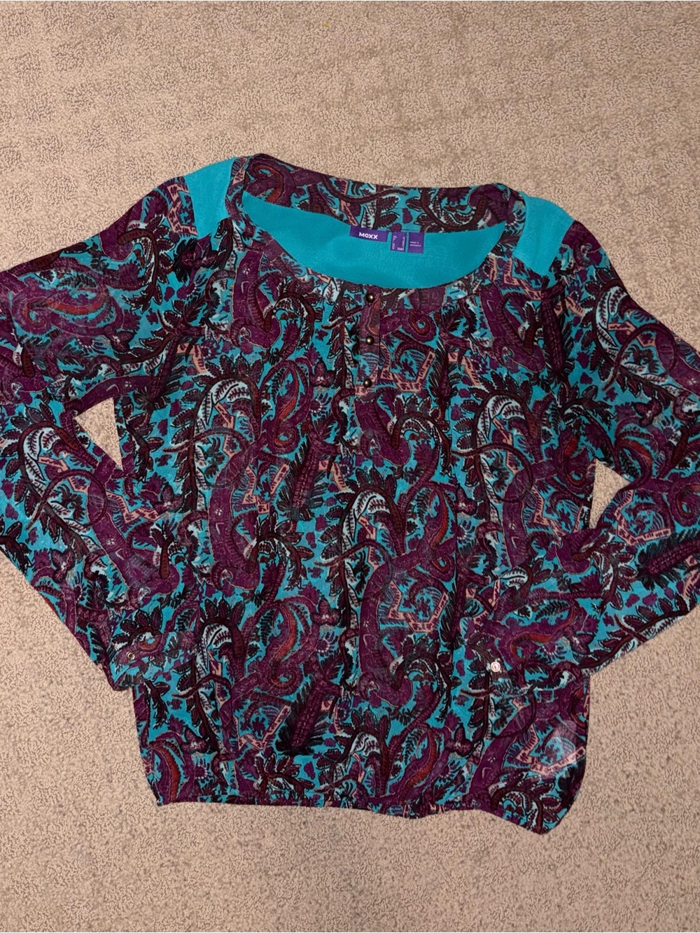 Mexx Teal & Burgandy Paisley Long-Sleeve Top,3 Buttons Collar, Women’s Size US 2